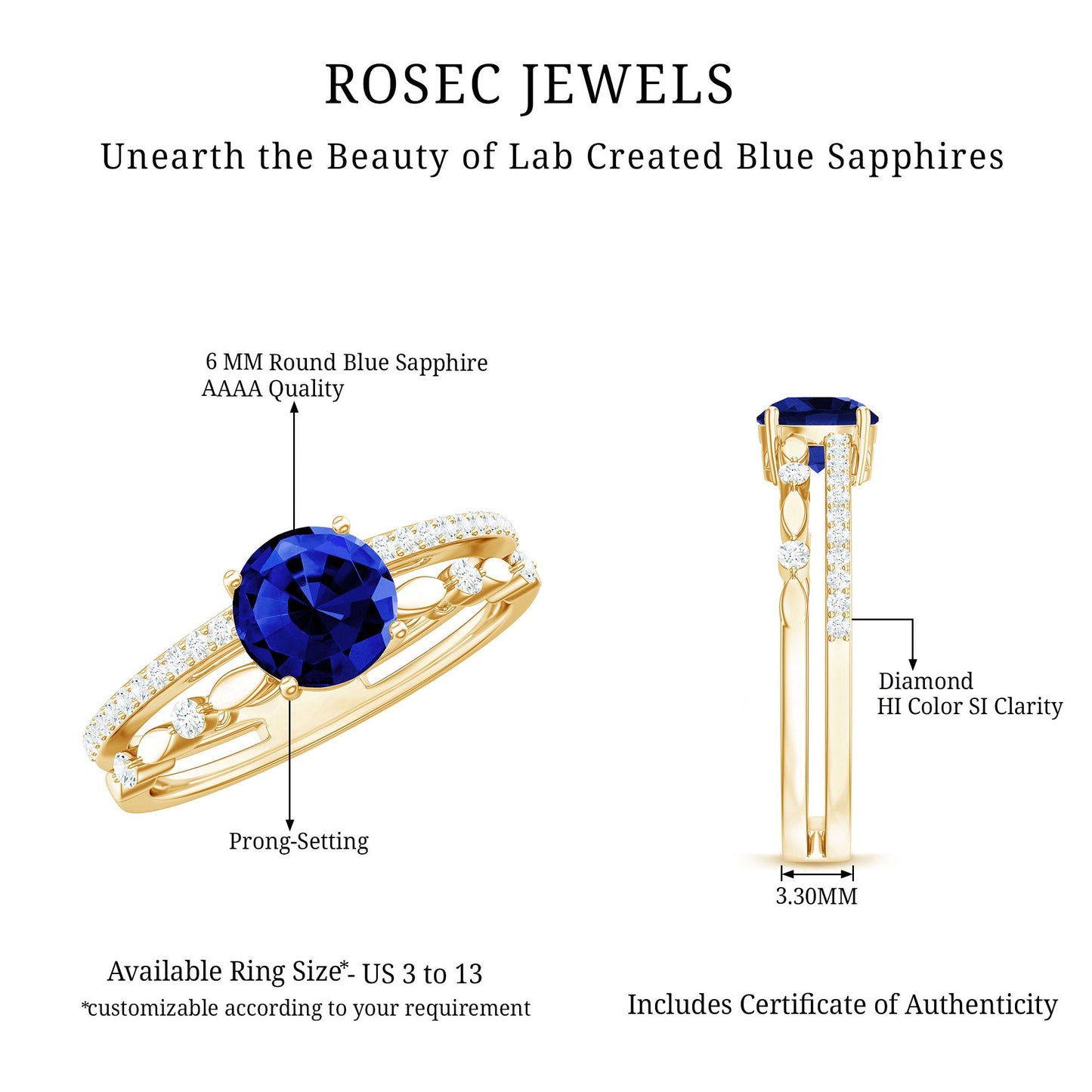 Certified 1 Carat Lab Grown Blue Sapphire Diamond Double Band Engagement Ring