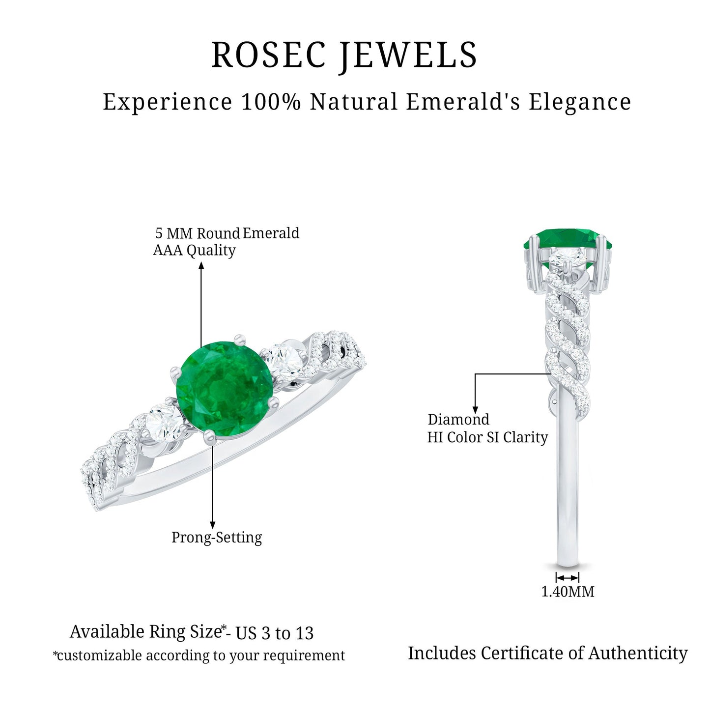 Natural Emerald Solitaire Engagement Ring with Diamond
