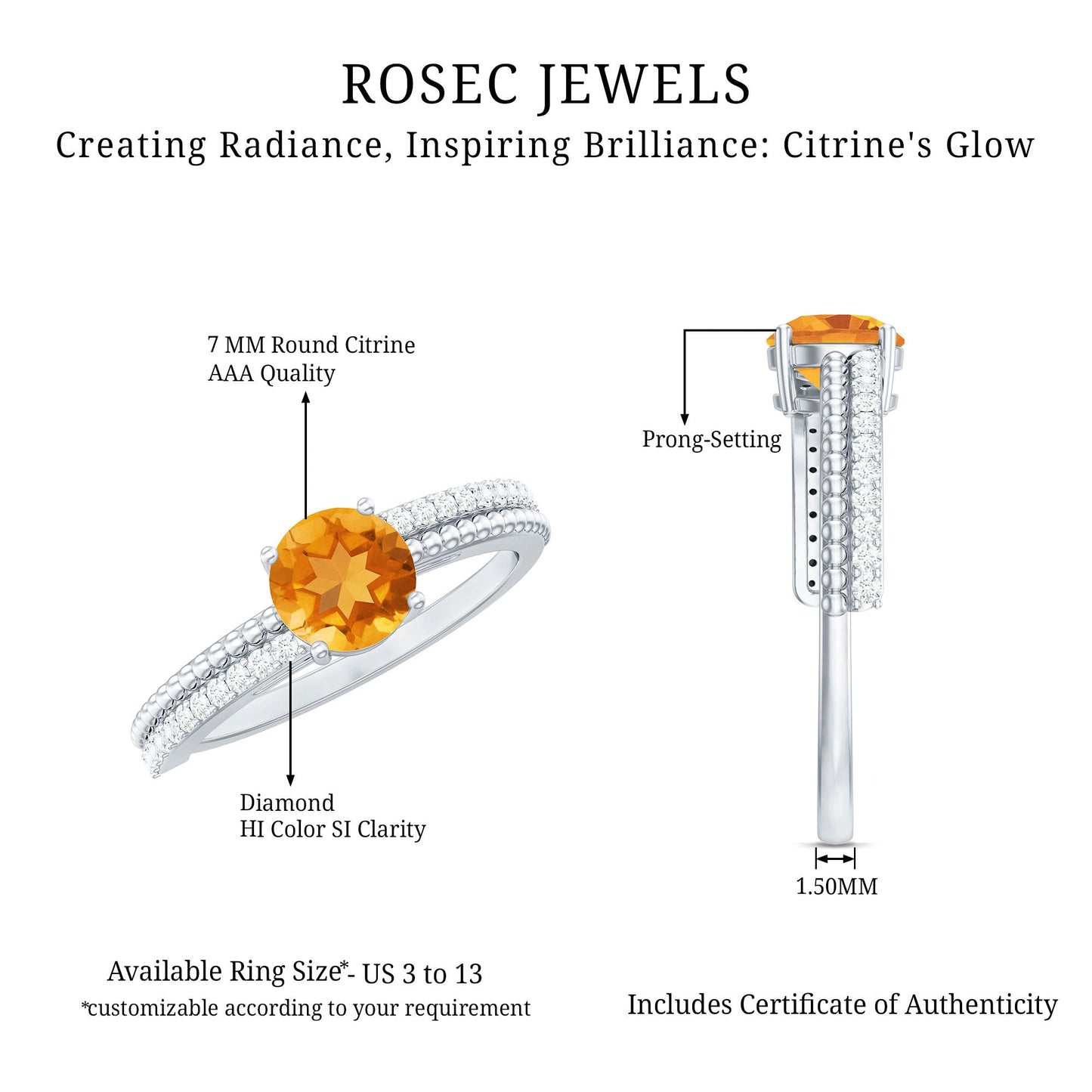 Natural Citrine Solitaire Engagement Ring with Diamond