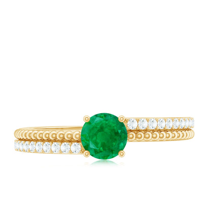 Certified Real Emerald Diamond Engagement Ring with Beaded Detailing