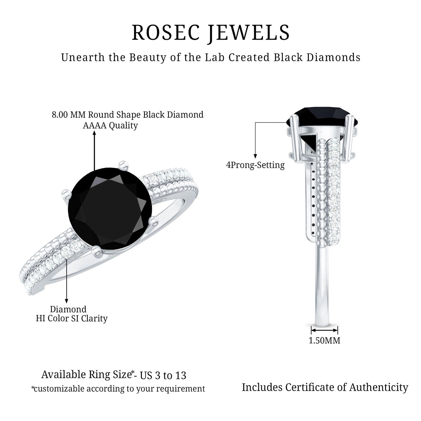 Certified 2 Carat Lab Grown Black and White Diamond Engagement Ring