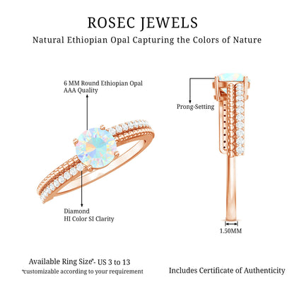 Natural Ethiopian Opal Diamond Solitaire Engagement Ring with Beaded Detailing