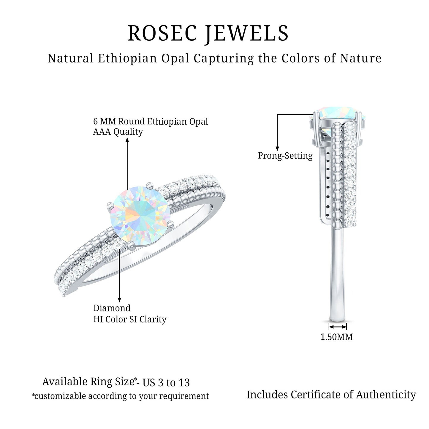 Natural Ethiopian Opal Diamond Solitaire Engagement Ring with Beaded Detailing
