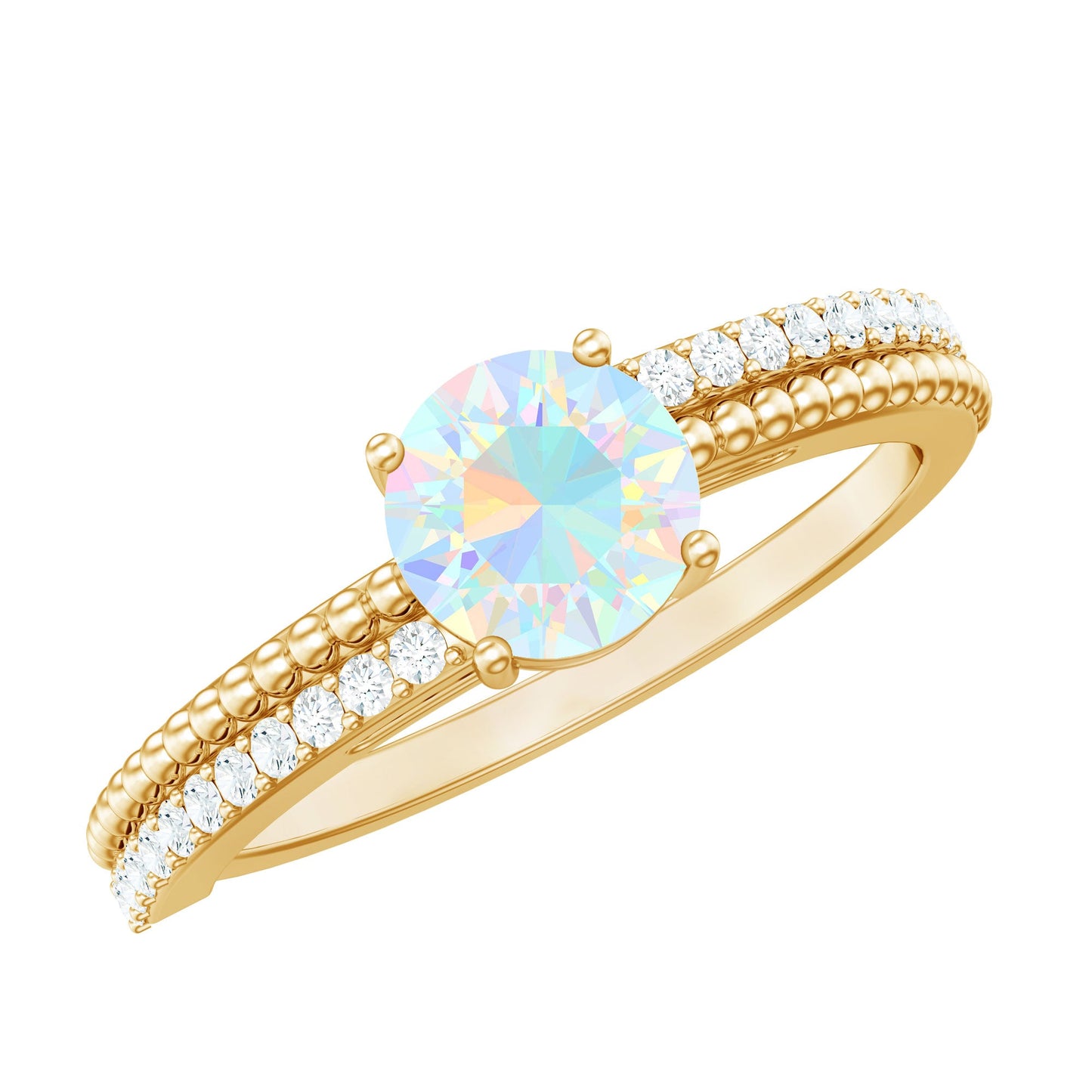 Natural Ethiopian Opal Diamond Solitaire Engagement Ring with Beaded Detailing