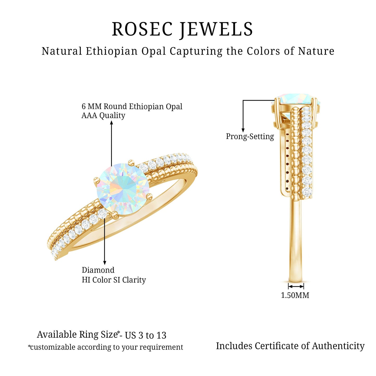 Natural Ethiopian Opal Diamond Solitaire Engagement Ring with Beaded Detailing