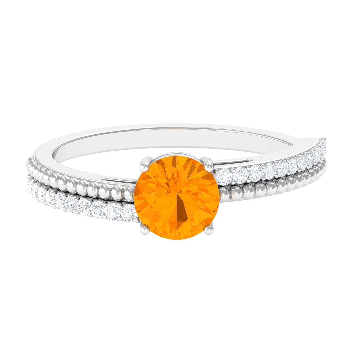 0.7 Carat Round Fire Opal Solitaire Ring with Diamond and Beaded Shank