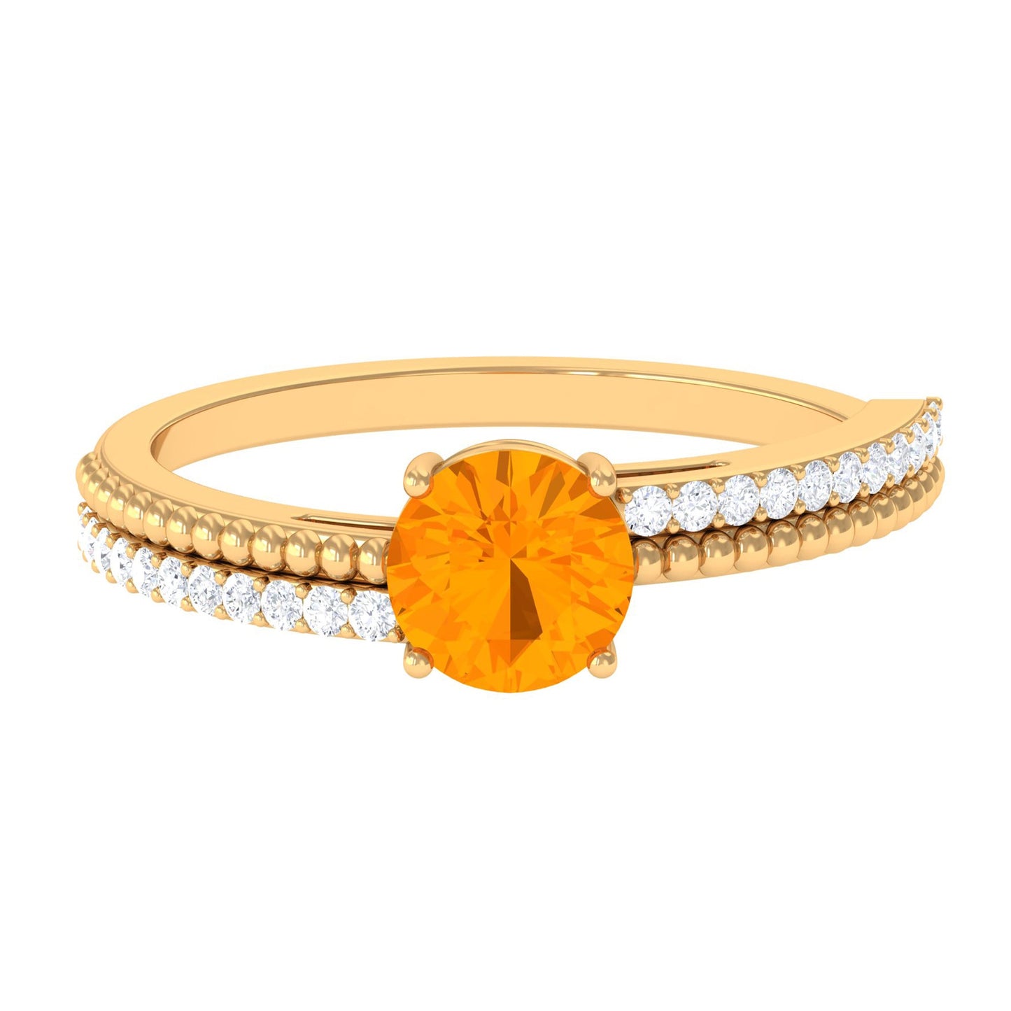 0.7 Carat Round Fire Opal Solitaire Ring with Diamond and Beaded Shank