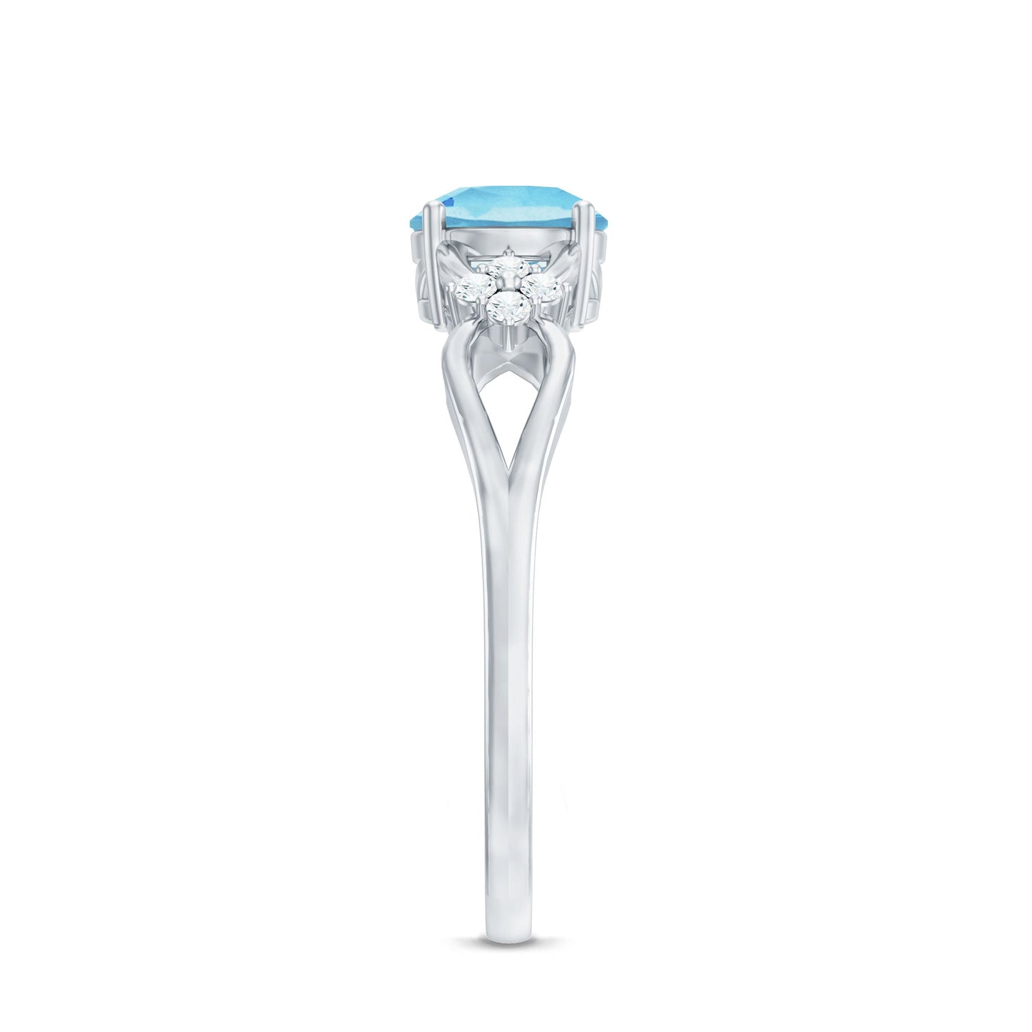 Genuine Aquamarine Crossover Engagement Ring with Diamond Flower