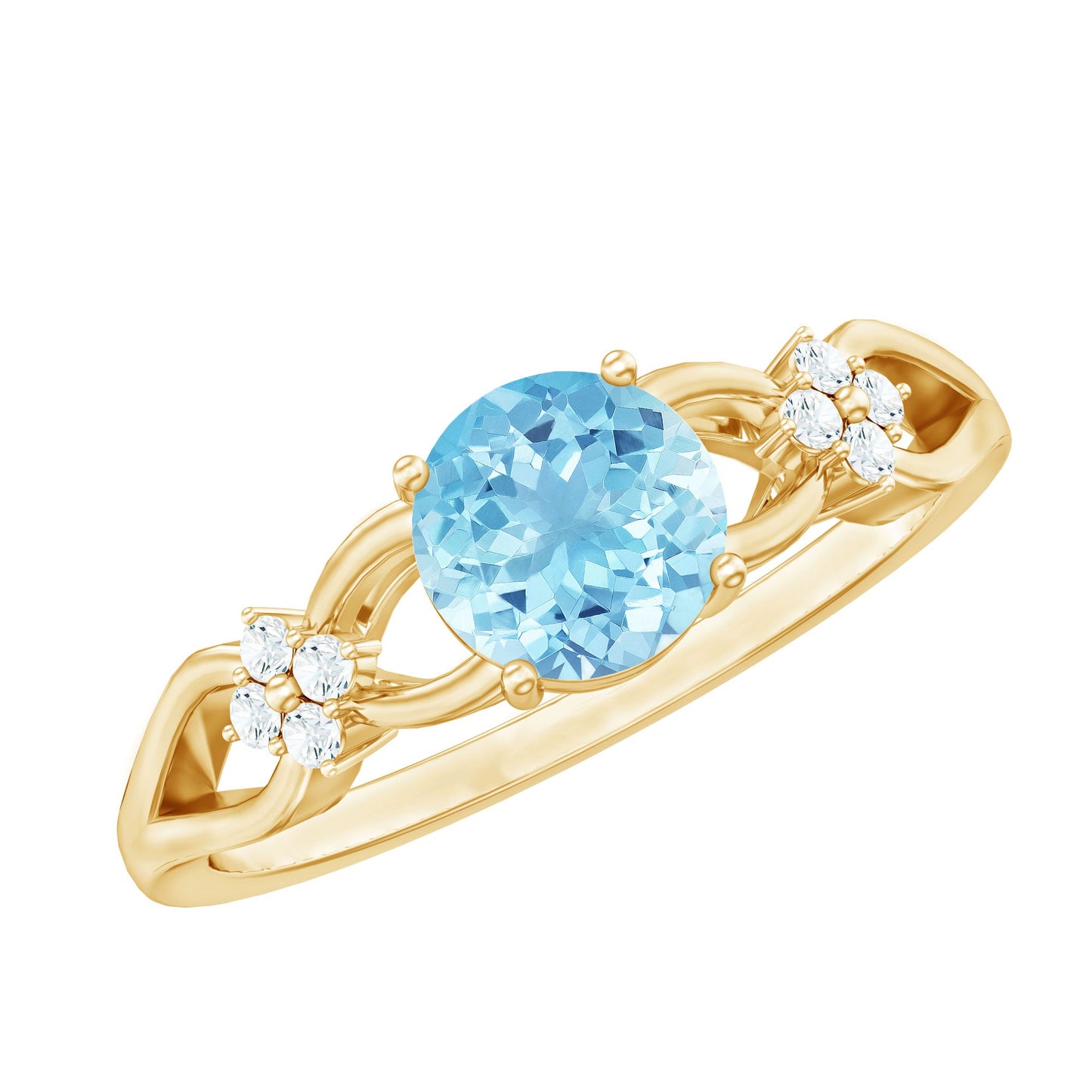 Genuine Aquamarine Crossover Engagement Ring with Diamond Flower