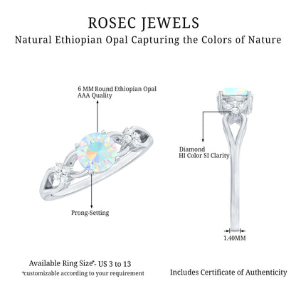 Natural Ethiopian Opal Crossover Engagement Ring with Floral Diamond