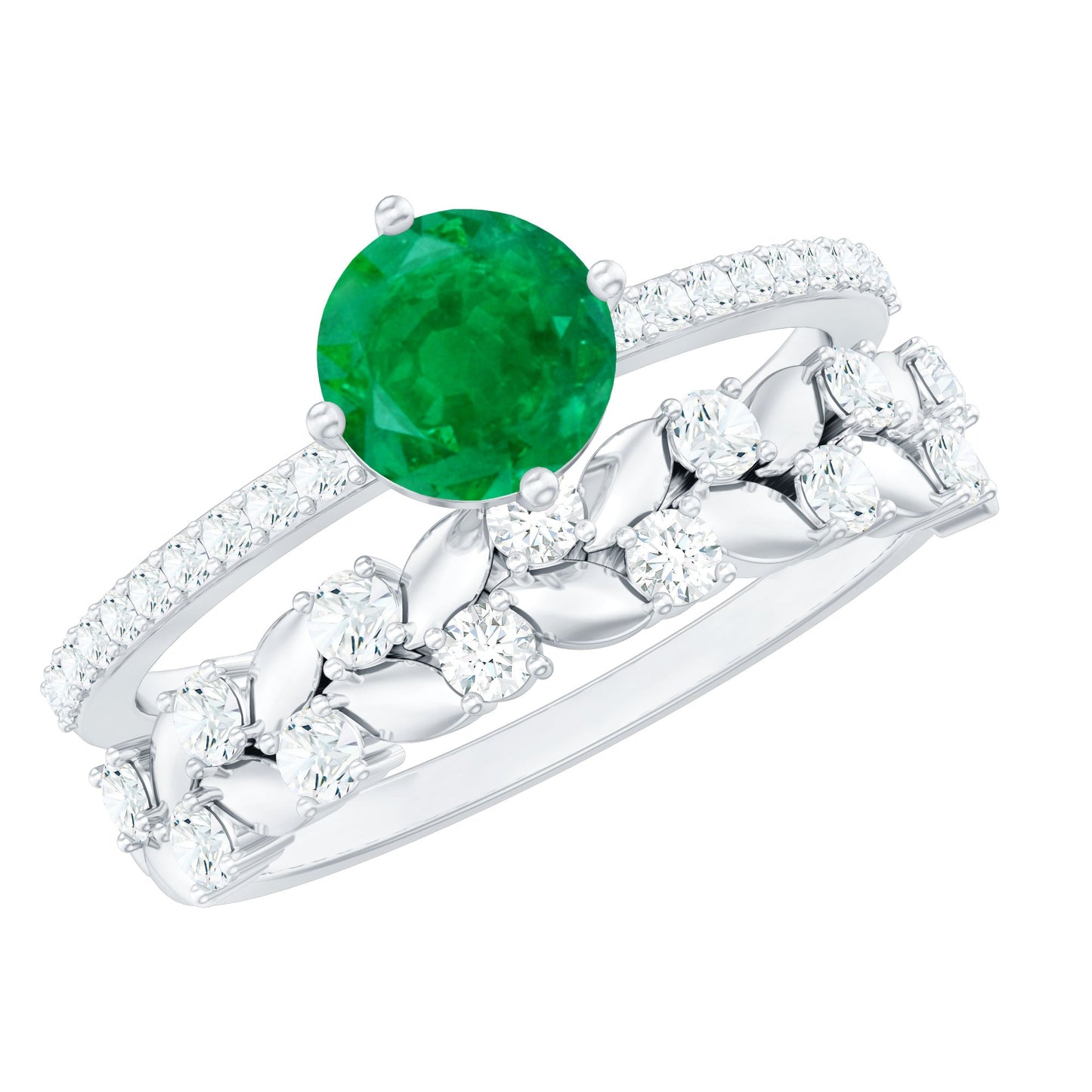 Nature Inspired 0.4 Carat Emerald Diamond Wedding Bridal Ring Set of 2