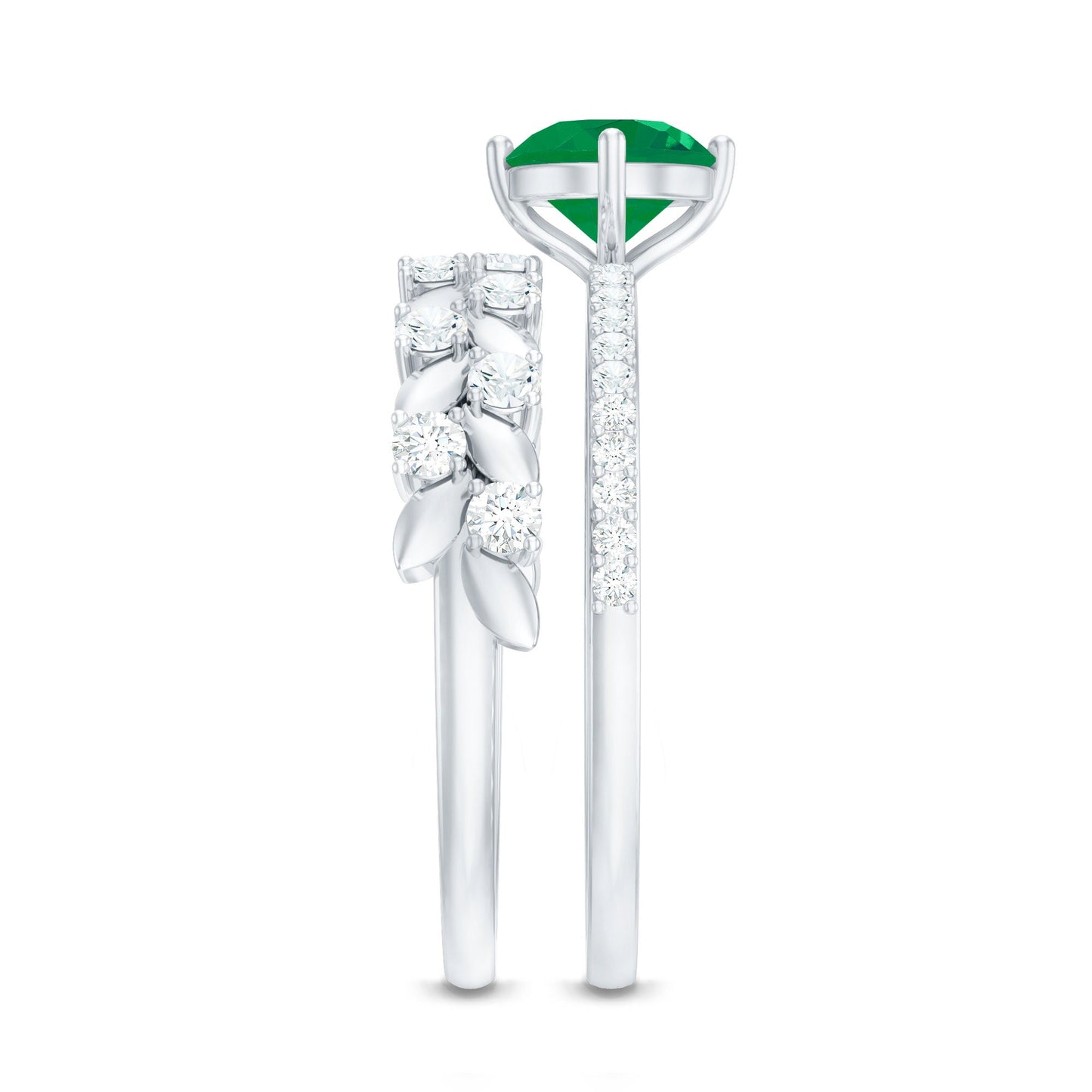 Nature Inspired 0.4 Carat Emerald Diamond Wedding Bridal Ring Set of 2