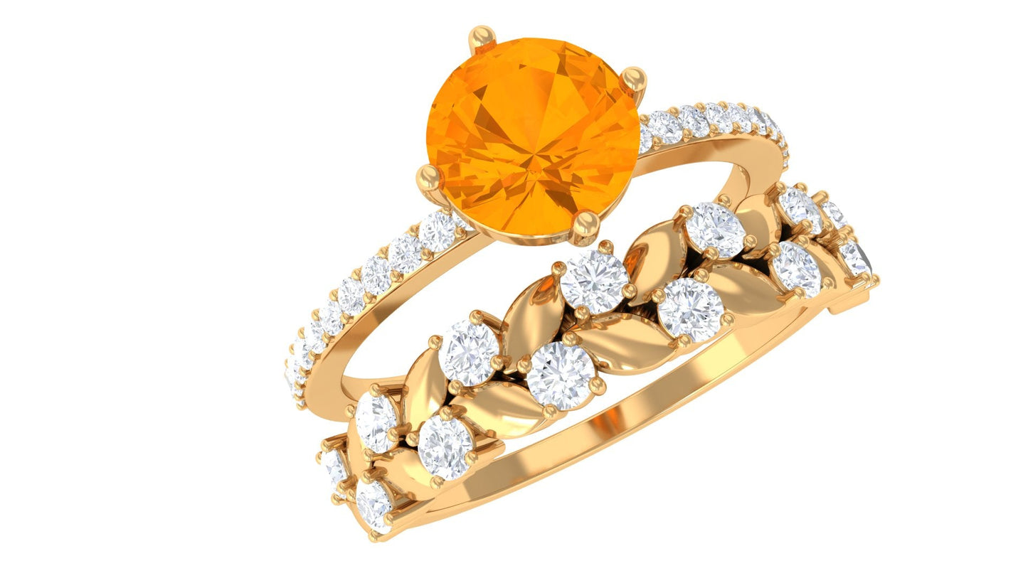 Classic Fire Opal Wedding Ring Set with Moissanite