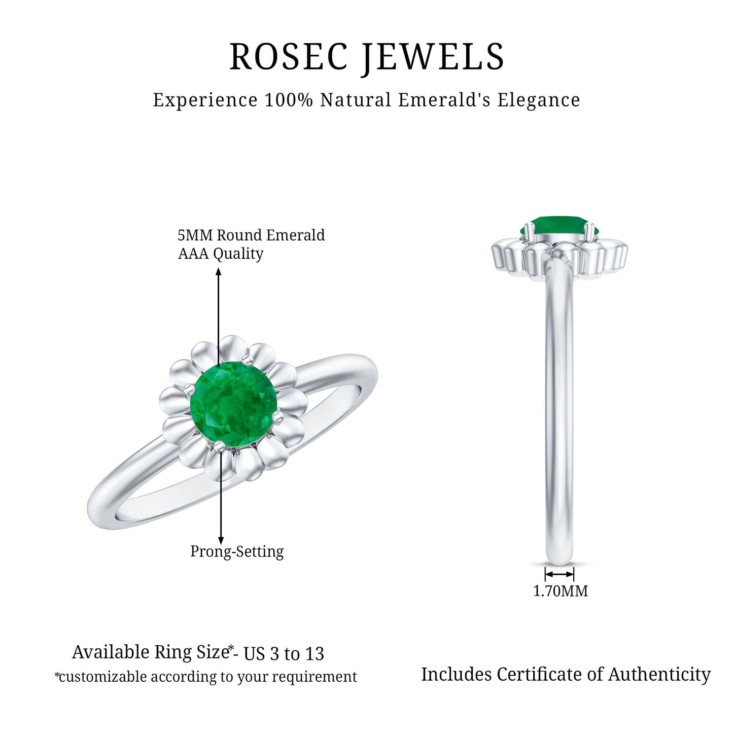 Certified Natural Emerald Flower Promise Ring with Certificate