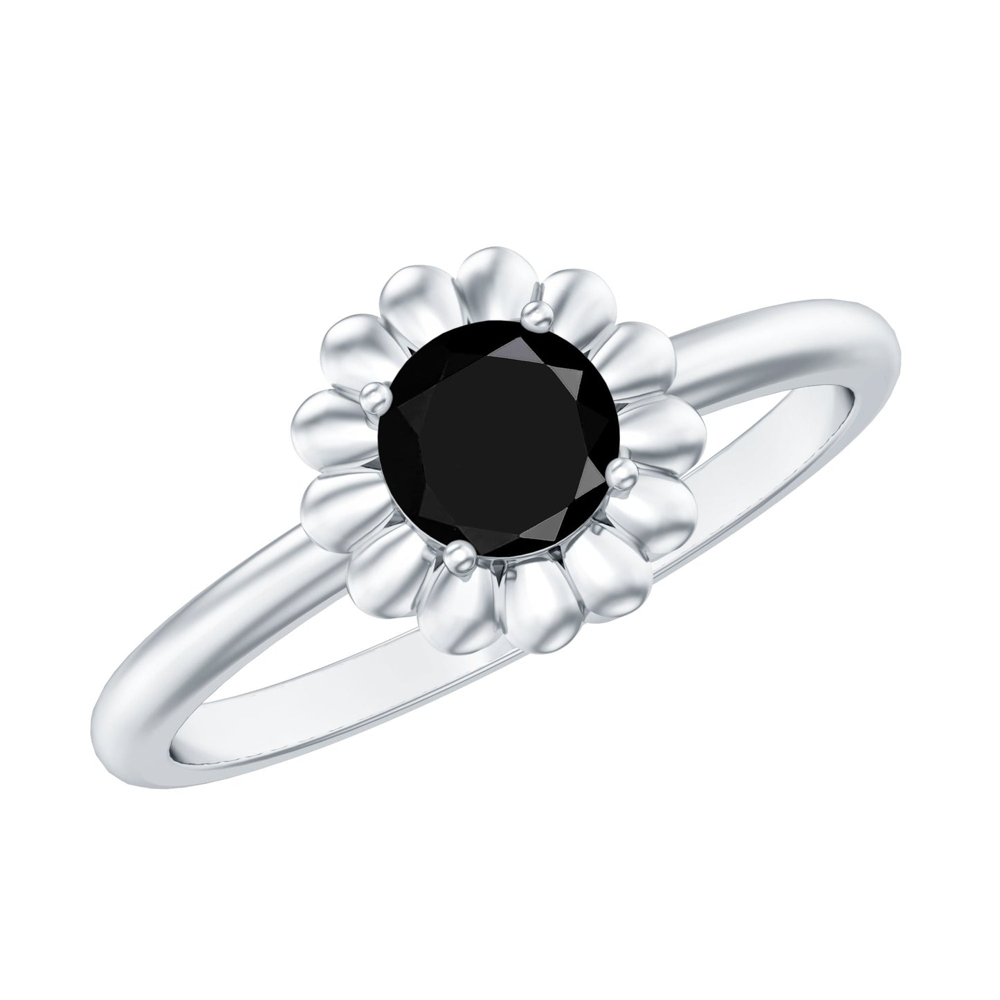 Round Cut Solitaire Lab Created Black Diamond Flower Ring