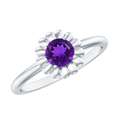 Round Cut Solitaire Amethyst Flower Promise Ring