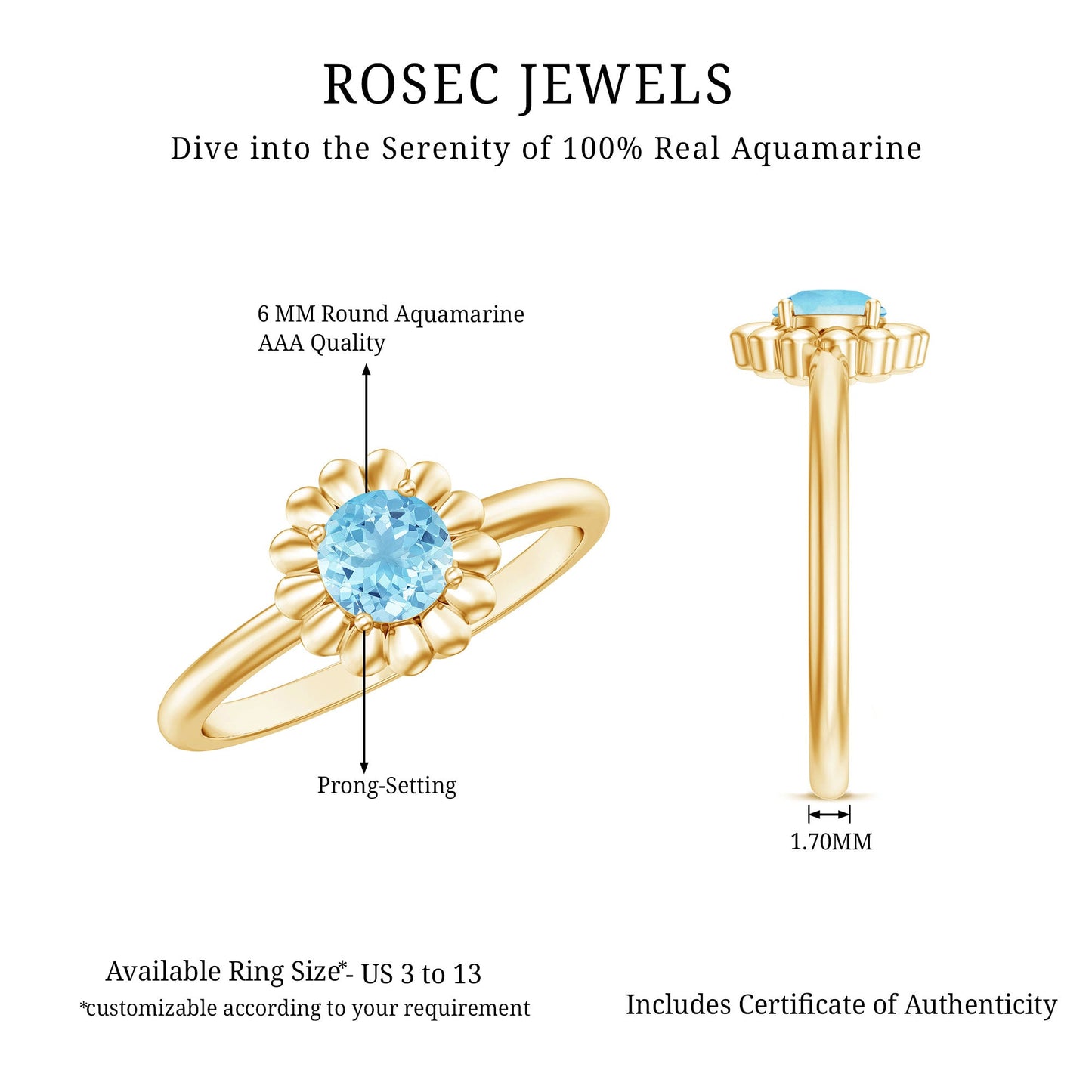 Natural Aquamarine Flower Promise Ring with Certificate