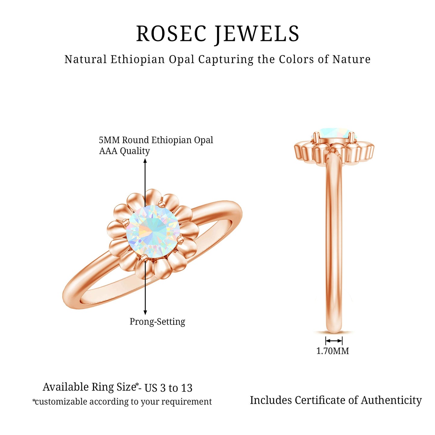 Natural Solitaire Ethiopian Opal Flower Promise Ring