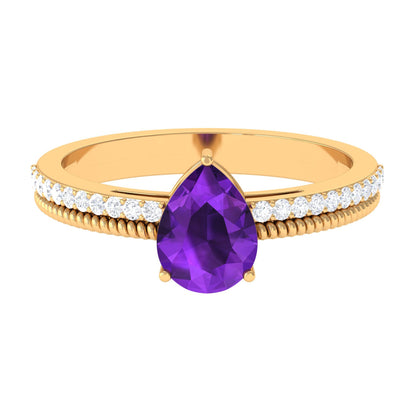 Real 1 Carat Amethyst Pear Shaped Engagement Ring with Diamond