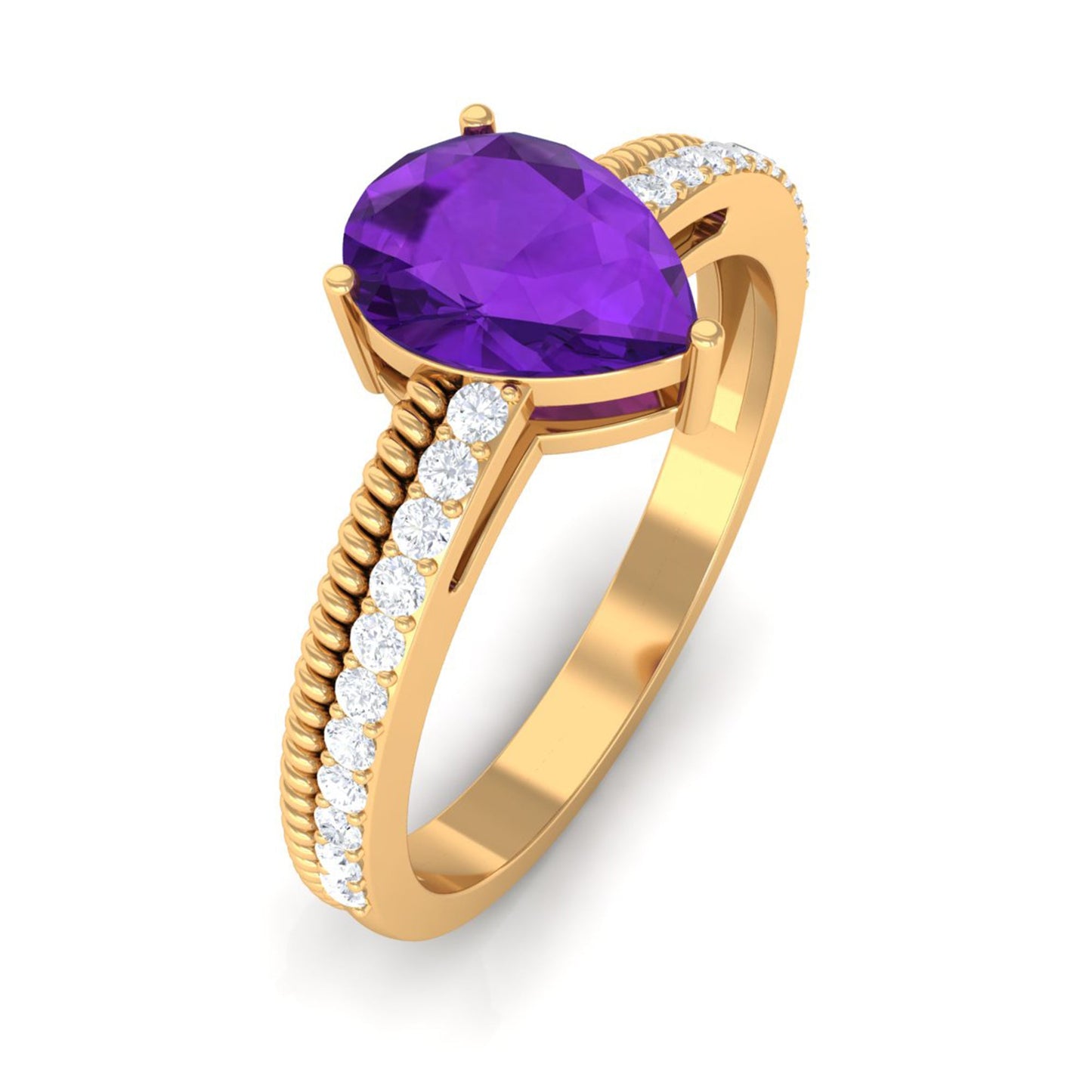 Real 1 Carat Amethyst Pear Shaped Engagement Ring with Diamond