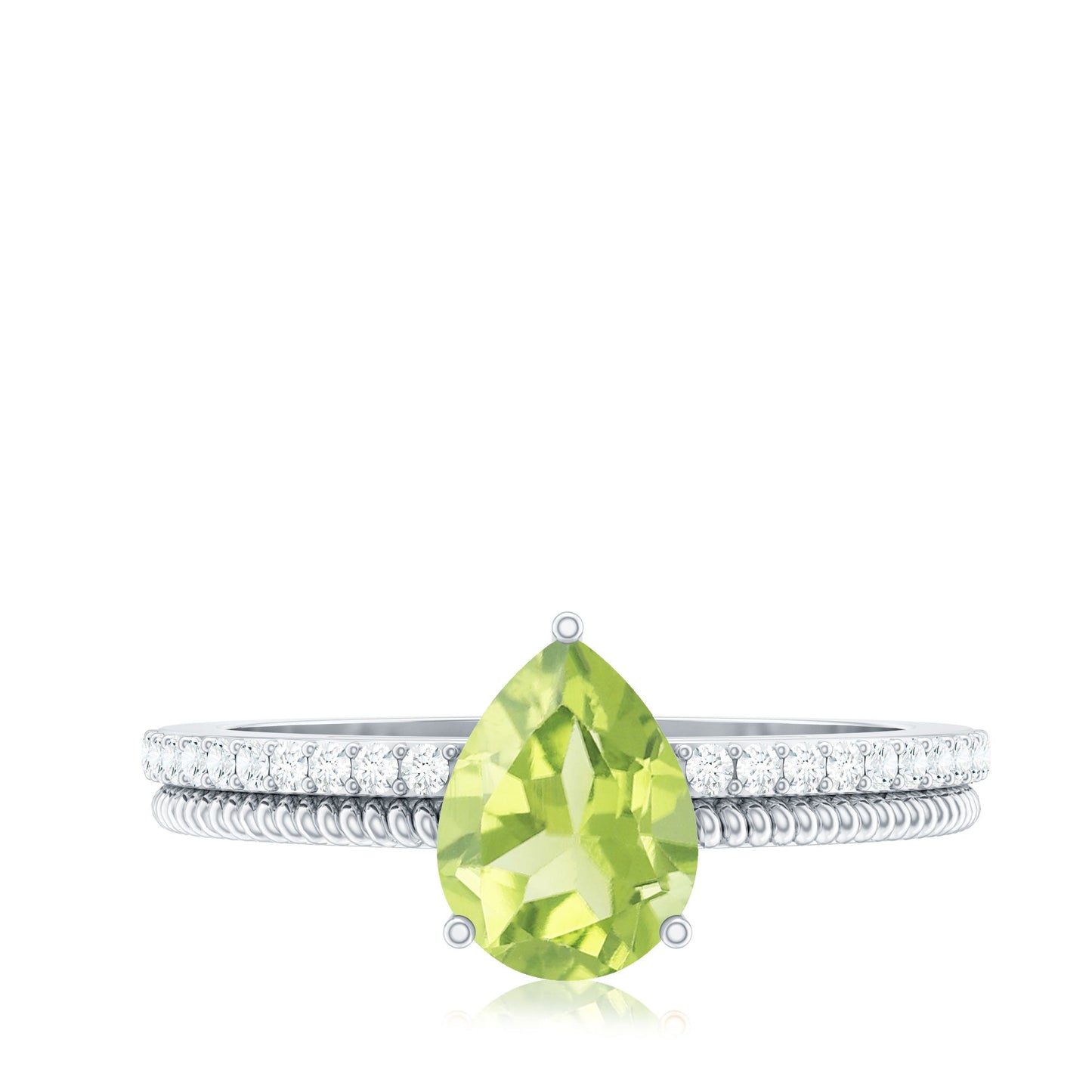 Natural 1 Carat Pear Shaped Peridot Engagement Ring with Diamond