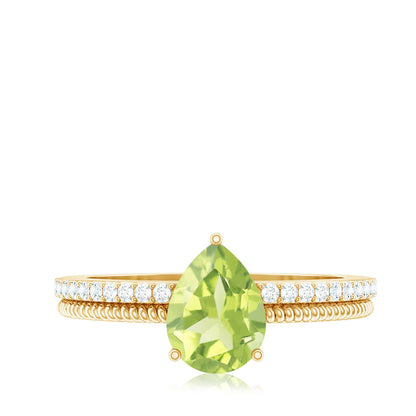 Natural 1 Carat Pear Shaped Peridot Engagement Ring with Diamond