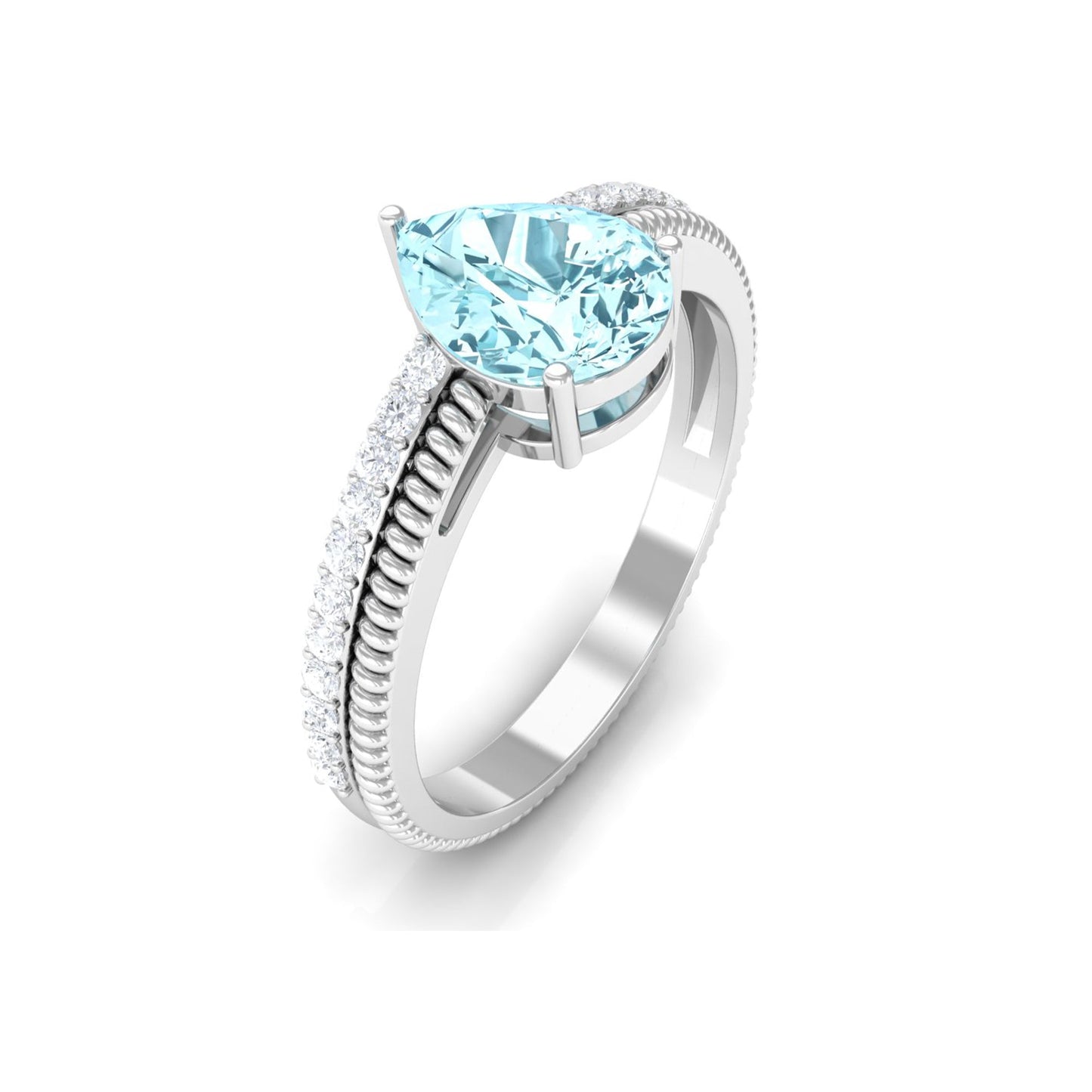 Natural Pear Shape Aquamarine Diamond Engagement Ring with Twisted Rope