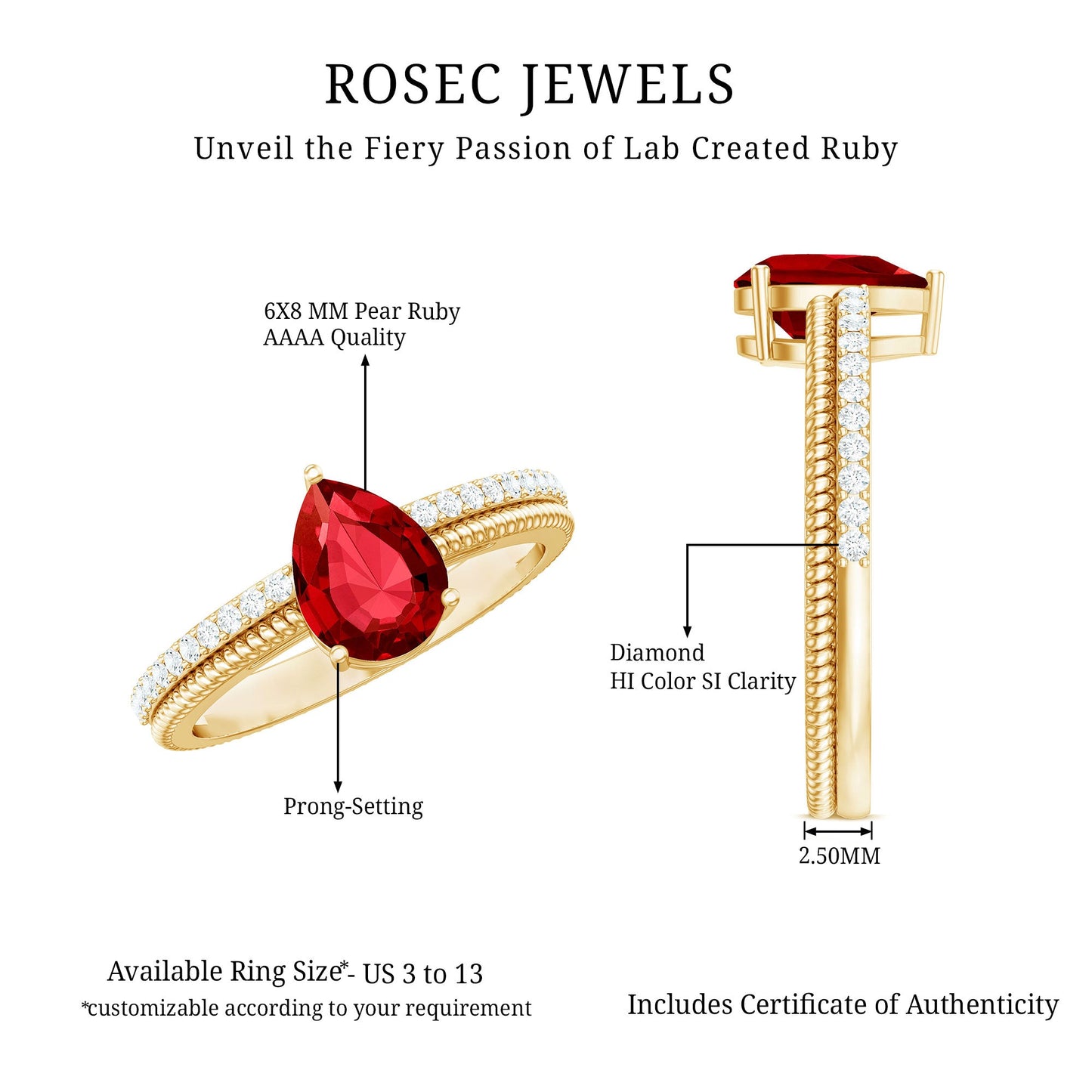 Solitaire Lab Grown Ruby Teardrop Engagement Ring with Diamonds