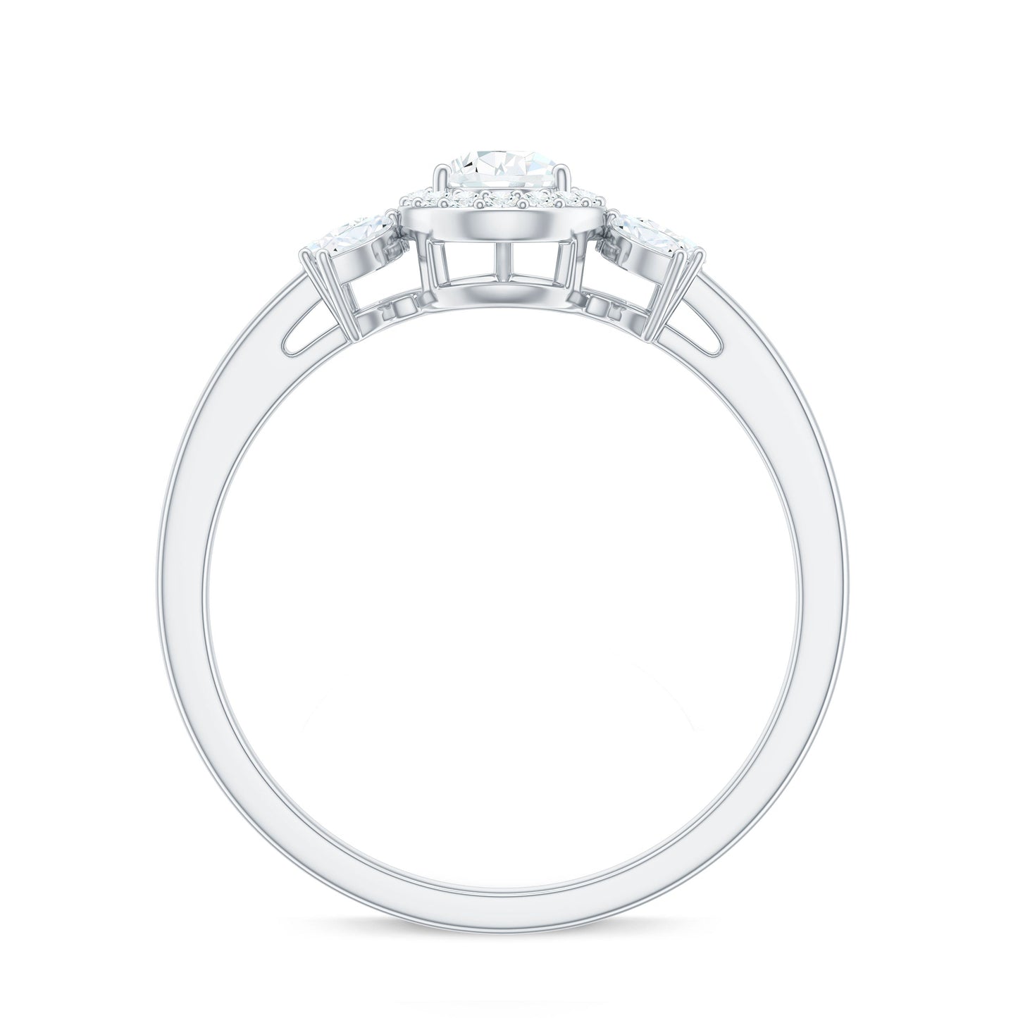Pear Shaped Moissanite Halo Engagement Ring with Trio