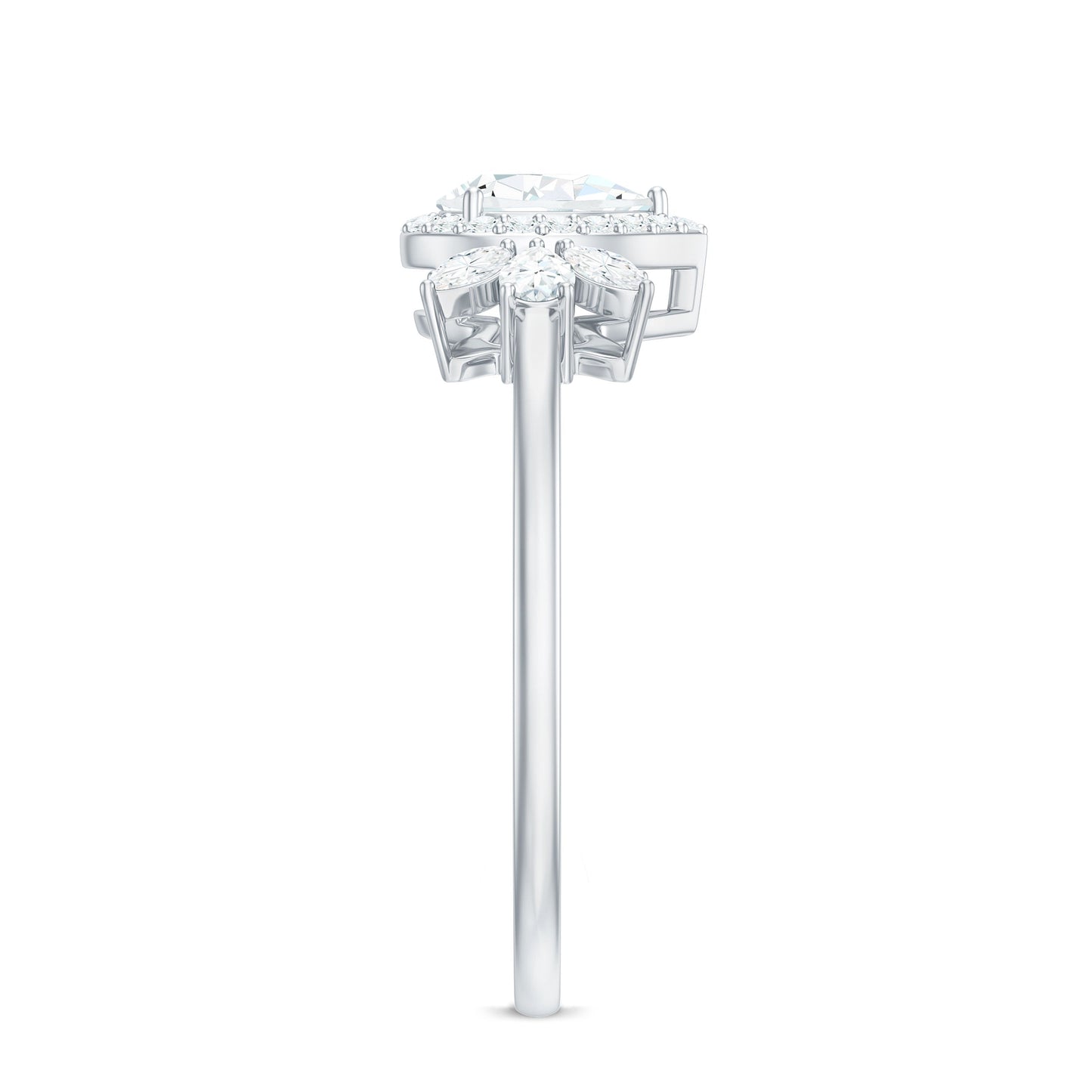 Pear Shaped Moissanite Halo Engagement Ring with Trio