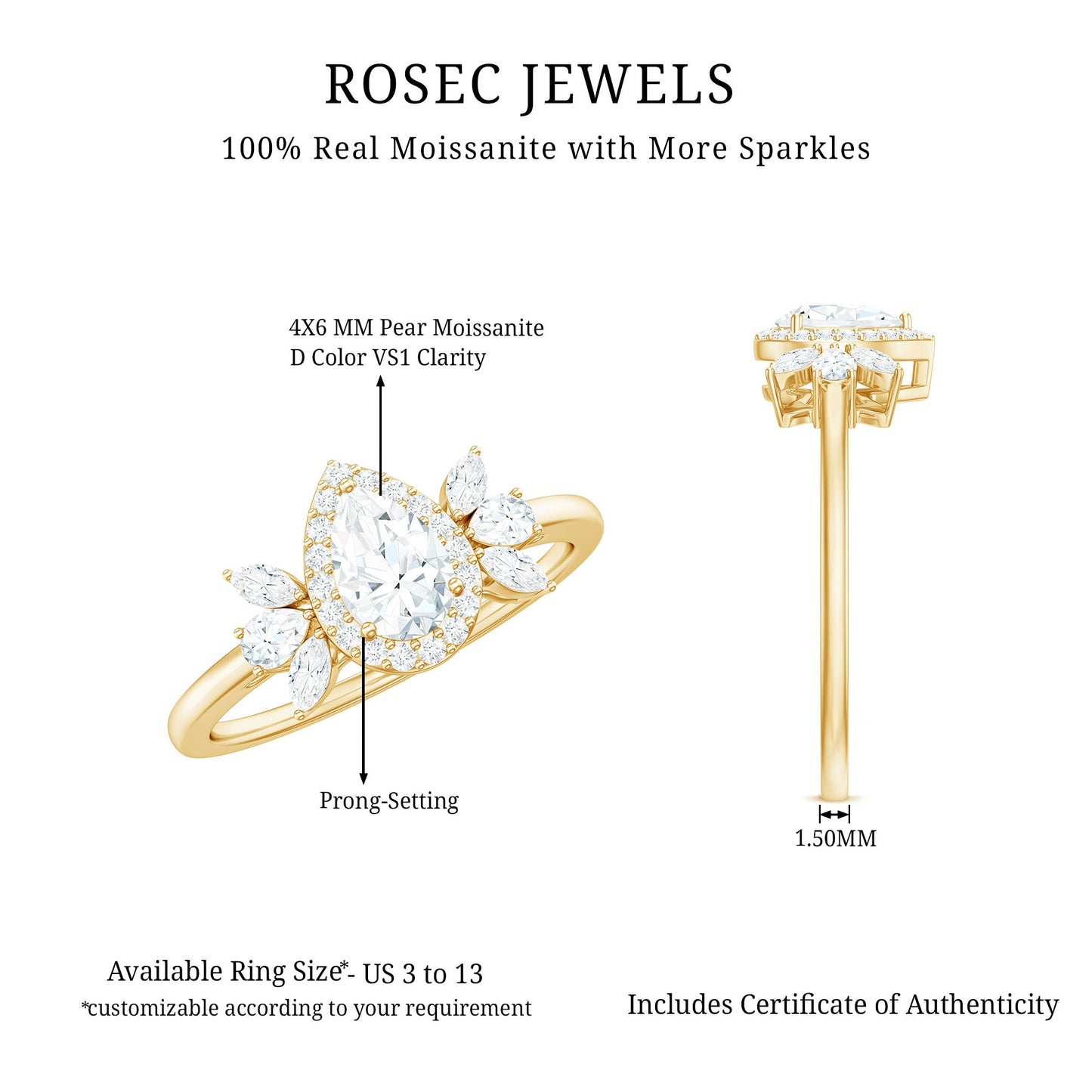 Pear Shaped Moissanite Halo Engagement Ring with Trio