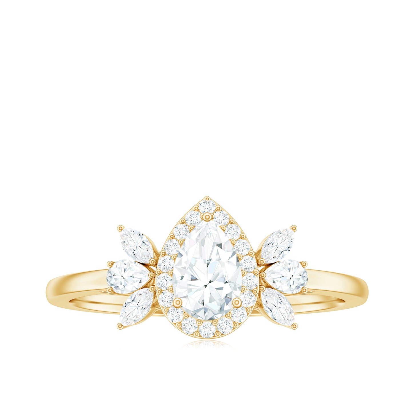 Pear Shaped Moissanite Halo Engagement Ring with Trio