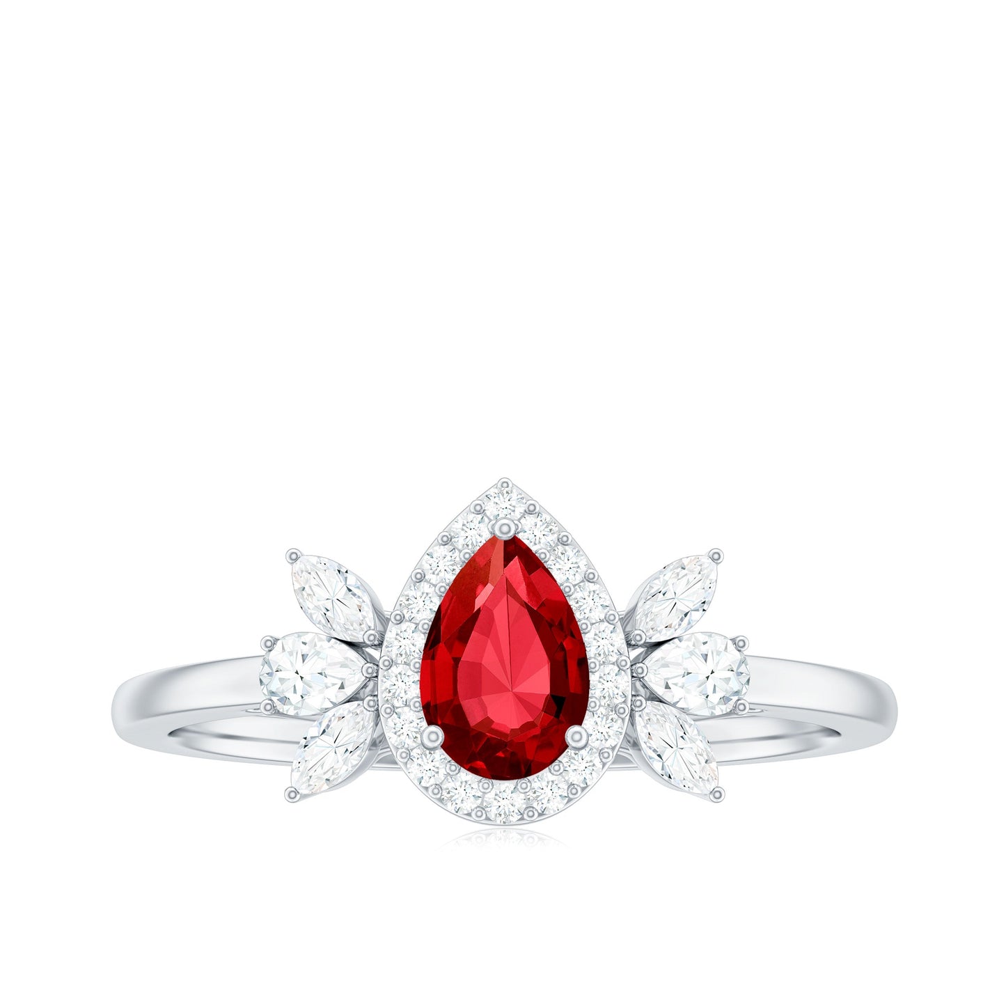 Pear Shaped Lab Grown Ruby Engagement Ring with Diamond Halo