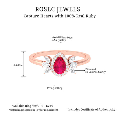 Natural 0.8 Carat Ruby Pear Shaped Engagement Ring with Diamond Halo