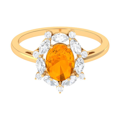 Natural 1 Carat Fire Opal Engagement Ring with Diamond Halo