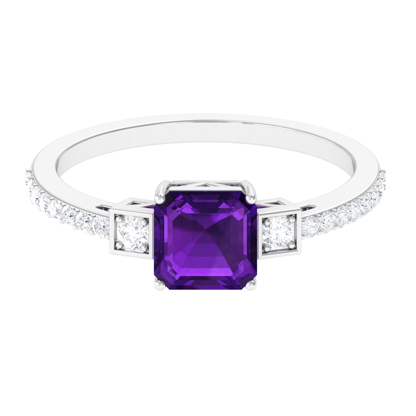 Genuine 3 Carat Amethyst Asscher Cut Engagement Ring with Diamond