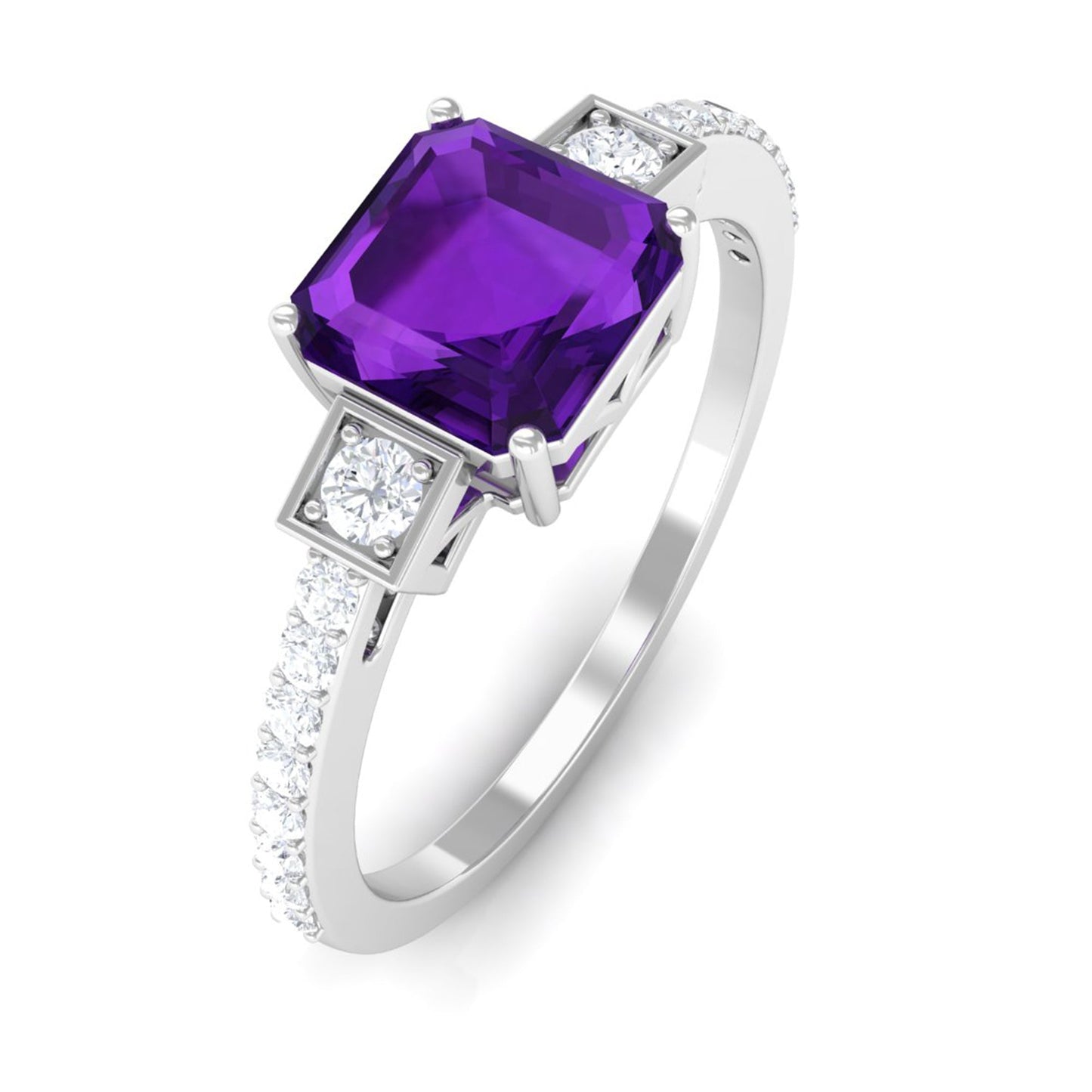 Genuine 3 Carat Amethyst Asscher Cut Engagement Ring with Diamond
