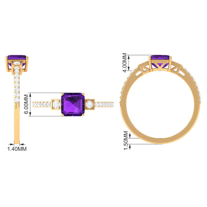 Genuine 3 Carat Amethyst Asscher Cut Engagement Ring with Diamond
