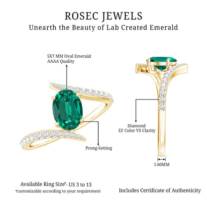 Certified 0.8 Carat Oval Cut Lab Grown Emerald Engagement Ring with Diamond Bypass Shank