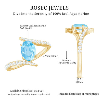 Natural Aquamarine Oval Engagement Ring with Diamond Bypass Shank