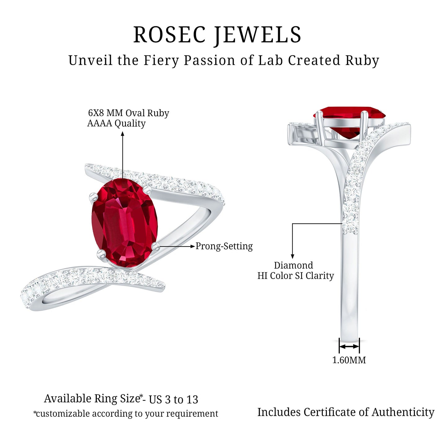Oval Cut Lab Grown Ruby Bypass Engagement Ring with Diamonds