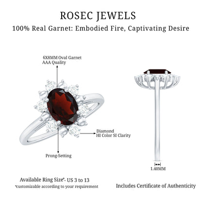 Certified Natural Garnet Oval Engagement Ring with Diamond