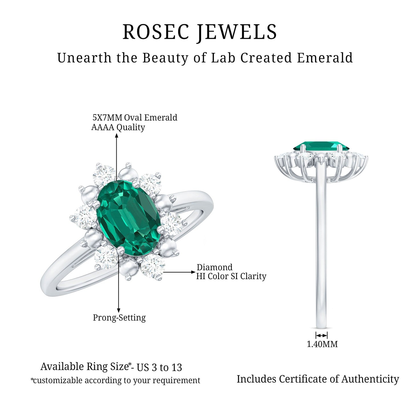 Certified 0.8 Carat Oval Lab Grown Emerald Diamond Flower Engagement Ring