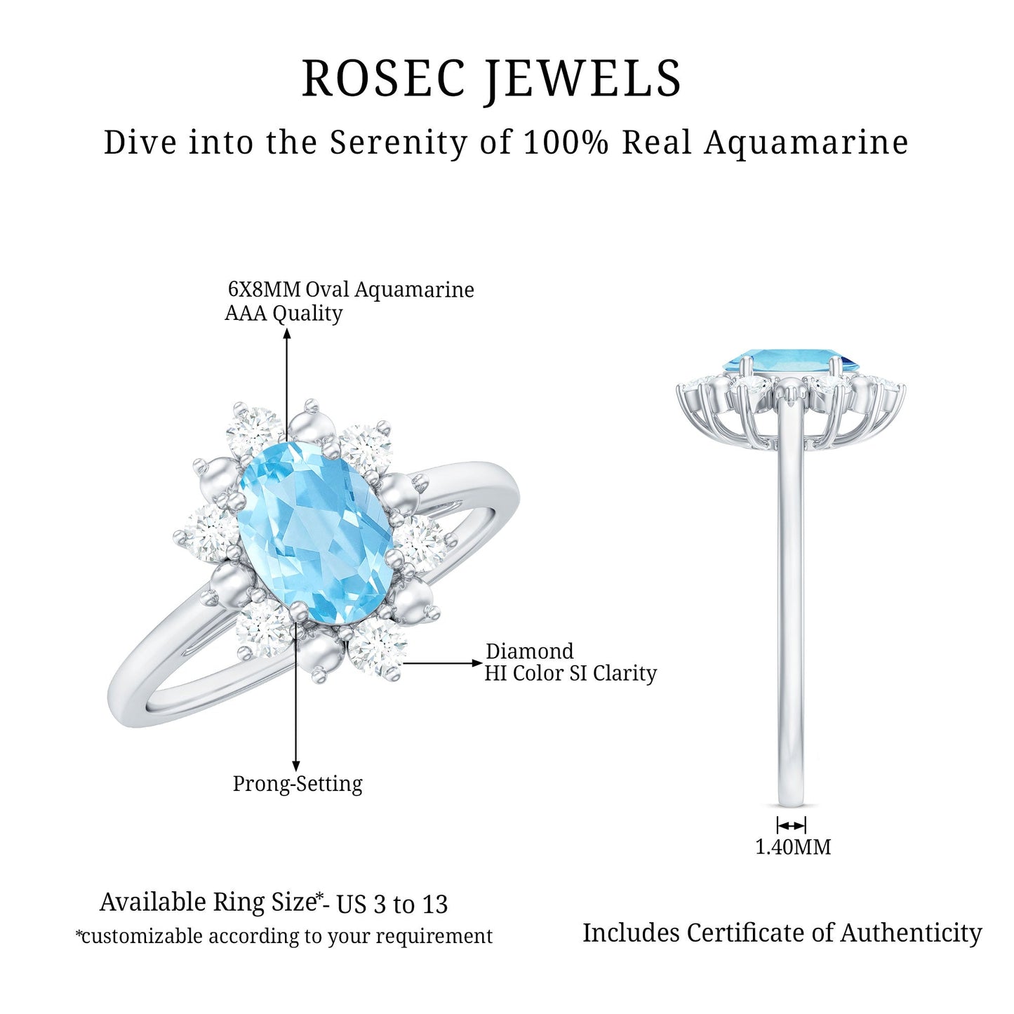 Real Aquamarine Oblong Engagement Ring with Diamond Halo