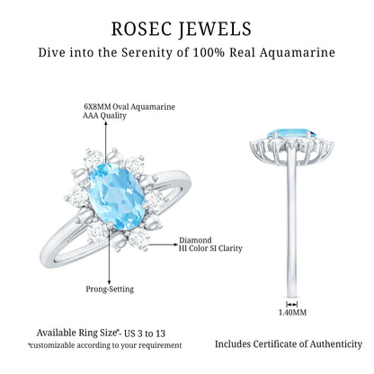 Real Aquamarine Oblong Engagement Ring with Diamond Halo