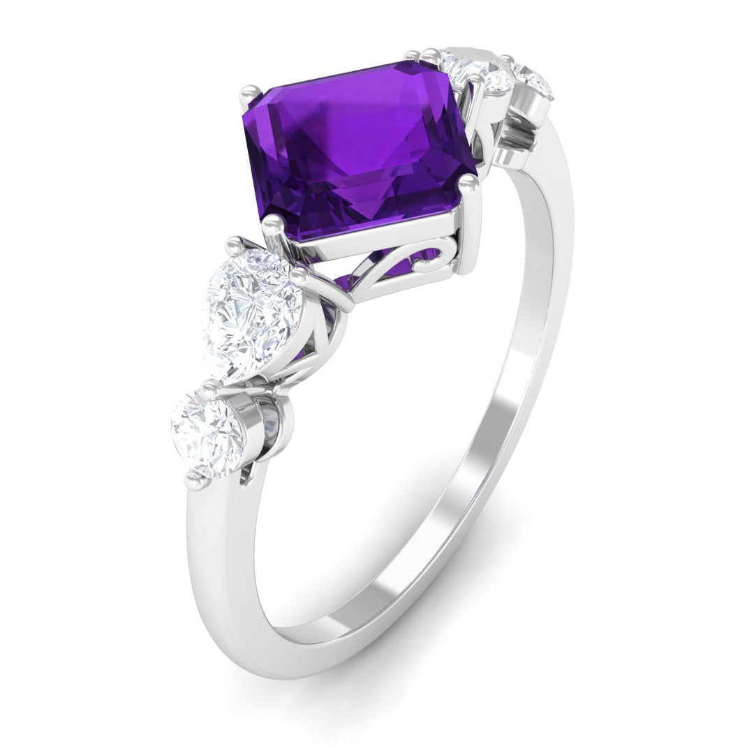 Natural 3 Carat Amethyst Asscher Cut Engagement Ring with Moissanite