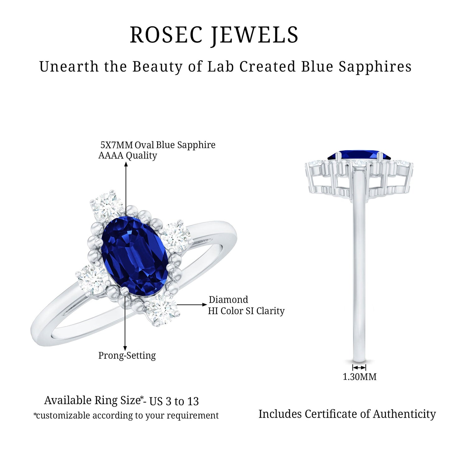 Vintage Style 1 Carat Lab Grown Blue Sapphire Oval Engagement Ring with Diamond