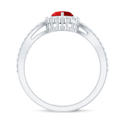 Heart Shape Lab Made Ruby and Moissanite Bypass Engagement Ring