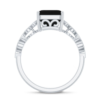 Genuine Black Onyx 3 Carat Asscher Cut Engagement Ring with Diamond