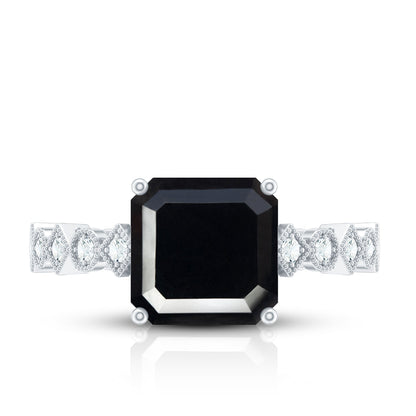 Genuine Black Onyx 3 Carat Asscher Cut Engagement Ring with Diamond